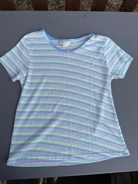 Vintage 70-80s  Carroll Reed Pastel Striped Short Sleeve Top - Candy Pink & Blue